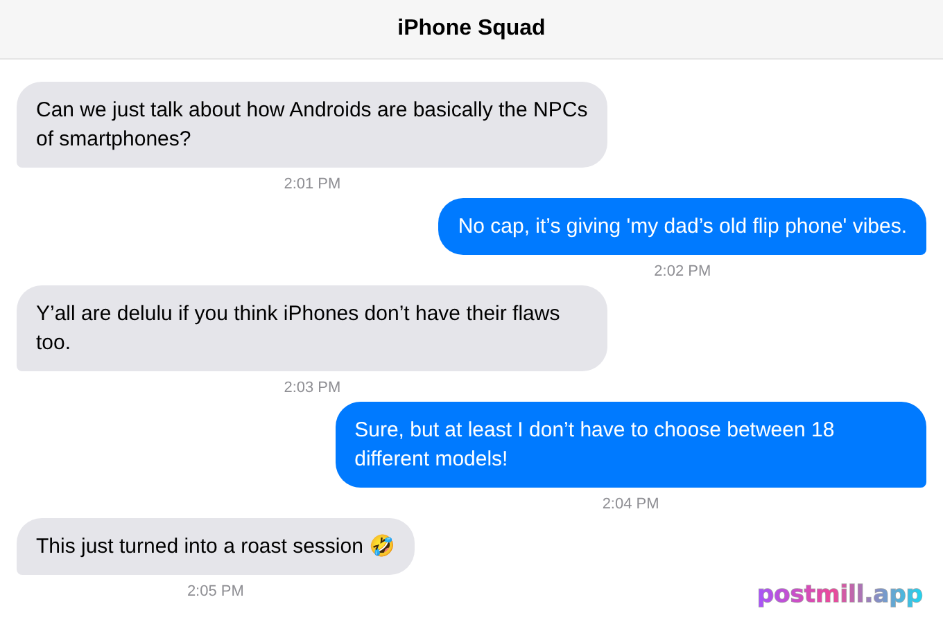 iPhone users discussing Android vs iPhone in a blue-bubble group chat