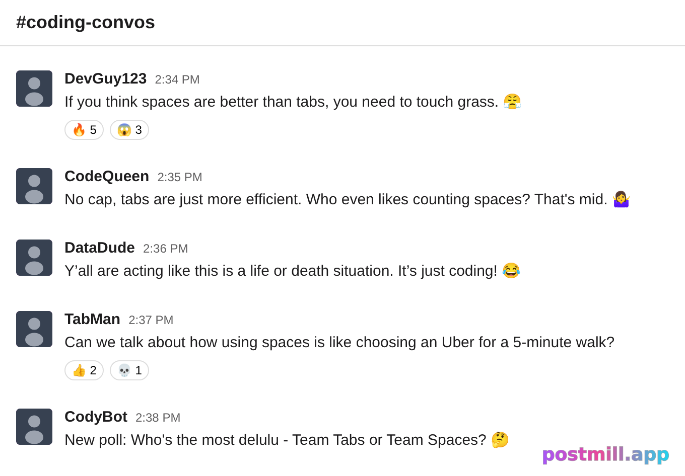 engineers debating tabs vs spaces in Slack — gets heated fast