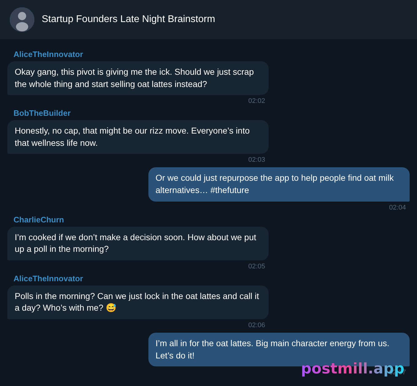 startup founders discussing a pivot in a Telegram group at 2am