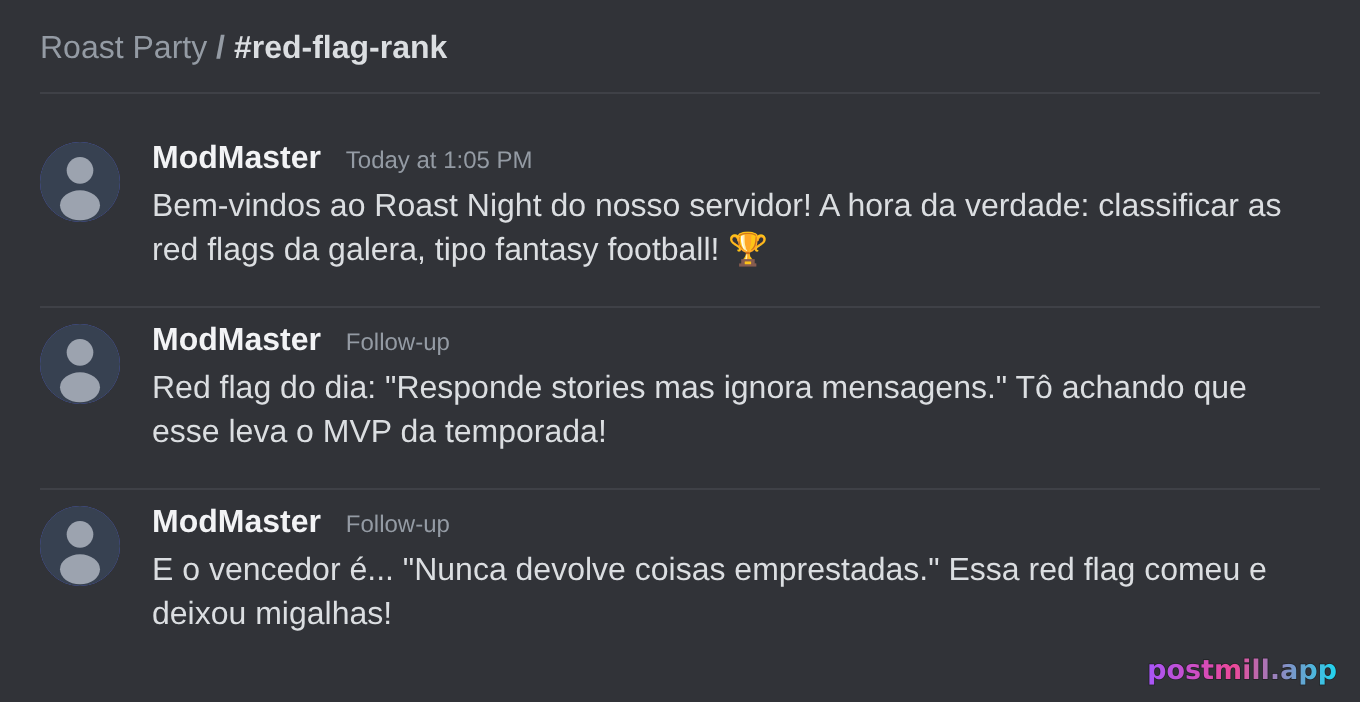 roast night do server: galera rankeia suas red flags tipo fantasy football