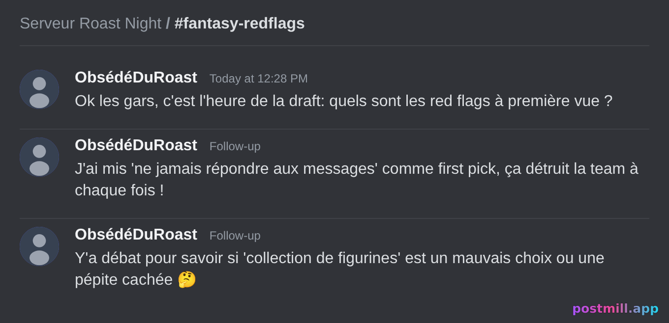 roast night du serveur : tout le monde classe tes red flags comme du fantasy football