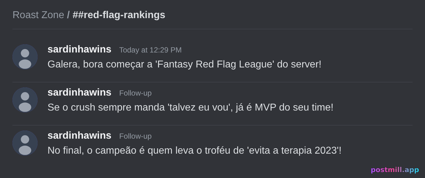 roast night do server: galera rankeia suas red flags tipo fantasy football