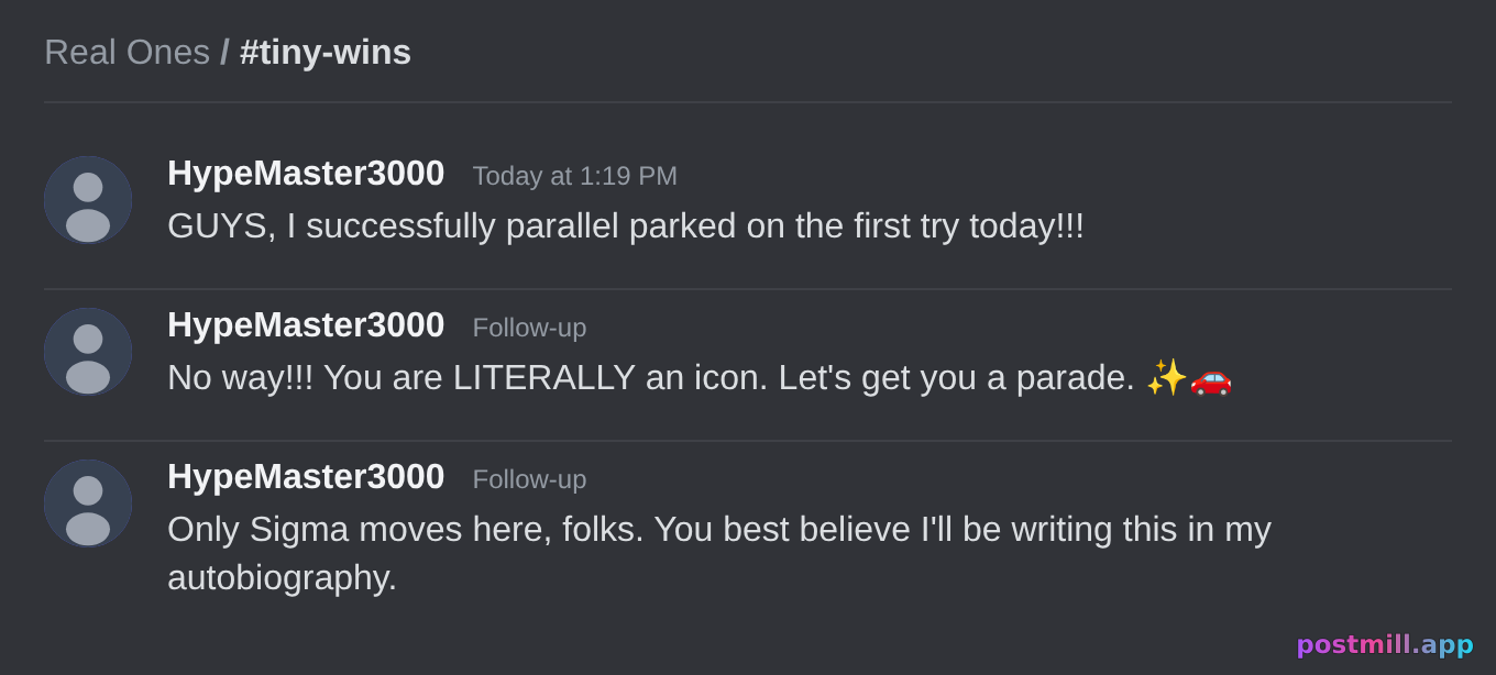 friends hyping each other up over the tiniest possible win, real ones