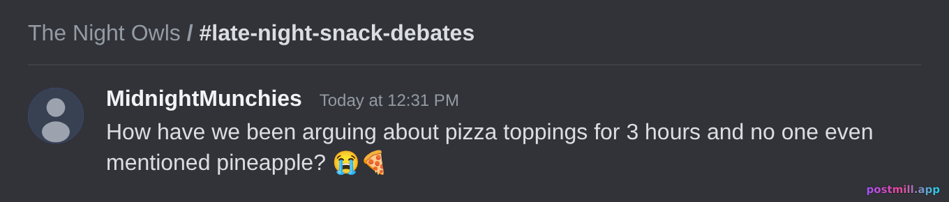 Discord thread: the squad debating food for 3 hours at 2am instead of sleeping — chaotic messages