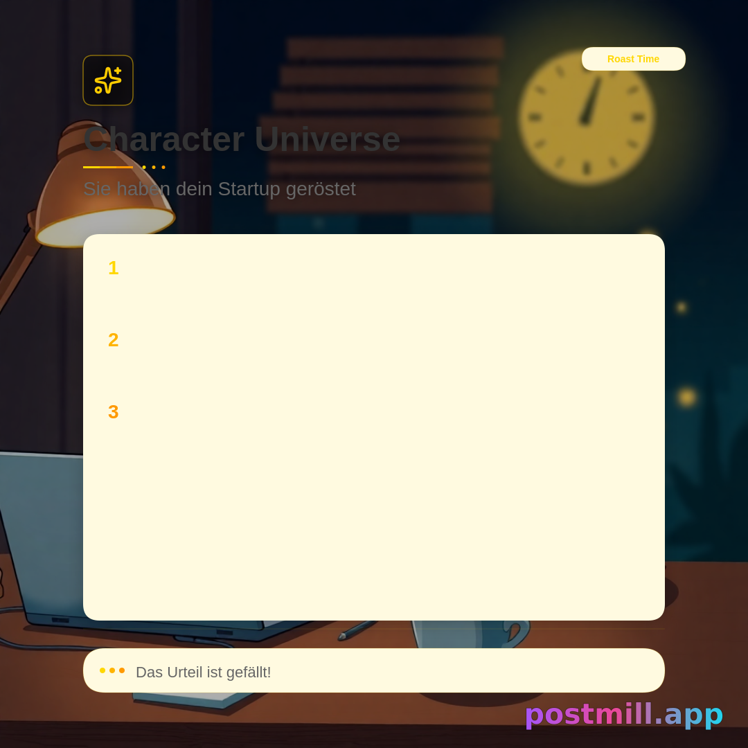 Character Universe — three mascot characters roast this topic:
Review my startup.

Startup Cat (revenue/decks/customers stats), AI Goblin (one-liner roast), Corporate Hamster (meetings/corporate pain). Each character gets a name, emoji vibe, and punchline.