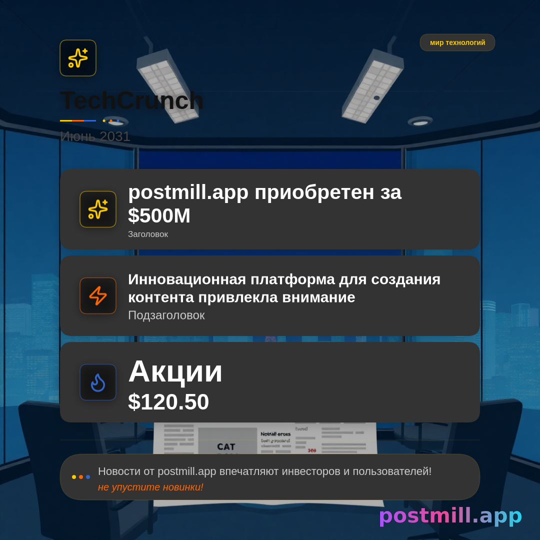 Future News Generator — fake TechCrunch-style headline from this seed:
I launched postmill.app.

Future dateline (e.g. June 2031), acquisition/IPO/headline amount, subhead, founder quote, stock ticker + price. Works for postmill.app acquired, became PM, cat CEO, India wins FIFA, etc.