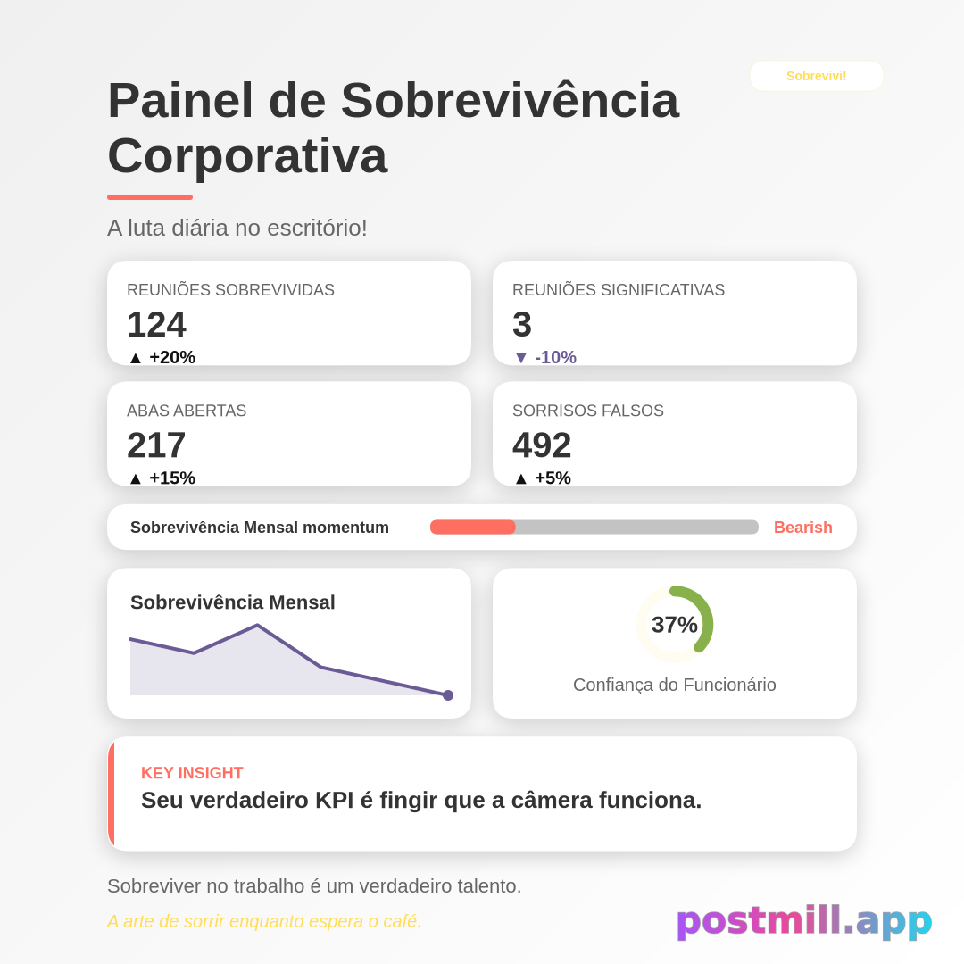 Corporate Survival Dashboard

Stats (use these exact labels and values):
Meetings Survived: 124
Meaningful Meetings: 3
Tabs Opened: 217
Fake Smiles: 492

Insight (closing line): Your true KPI is pretending the camera works.