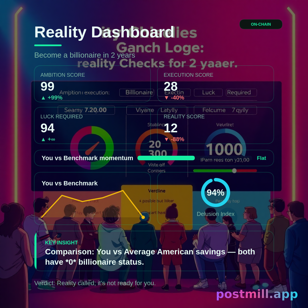 Reality Check Engine — ambition vs execution dashboard:
I want to become billionaire in 2 years.

Scores: Ambition, Execution, Luck Required, Reality Score (0–100). Compare the user to a witty benchmark relevant to THEIR stated goal (not a fixed celebrity unless they mention one). Verdict line — dry humor, possible but unlikely.

CRITICAL: Use ONLY facts, names, numbers, and scenarios from the user input above. Do NOT substitute demo/sample content (generic founders, Vikas, postmill.app, homework plots, etc.) unless the user explicitly mentioned them.