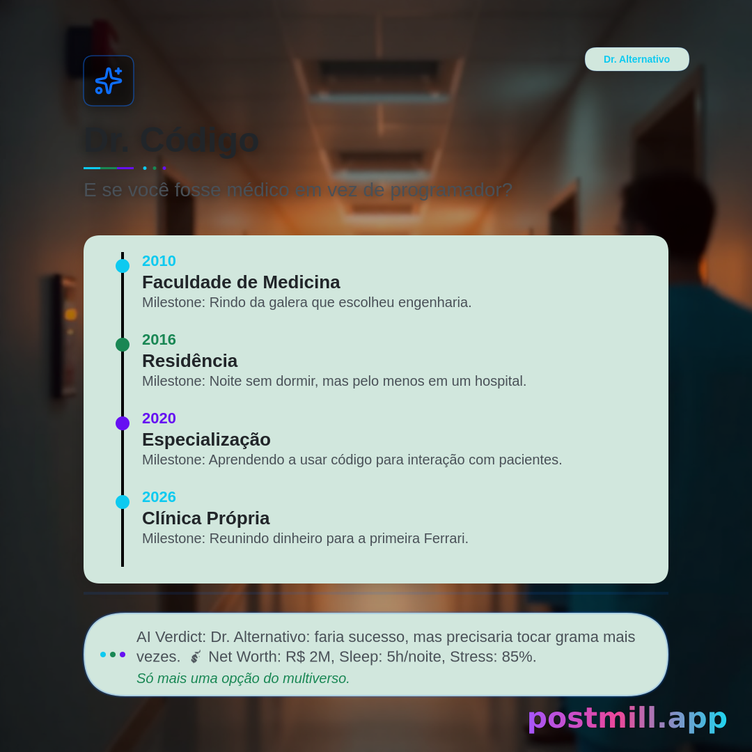 Alternate Reality Generator — what-if career/life path infographic:
What if I became a doctor instead of a software engineer?

Show alternate identity title, vertical timeline (4 milestones with years), Net Worth, Sleep, Stress %. End with AI Verdict — witty but empathetic.