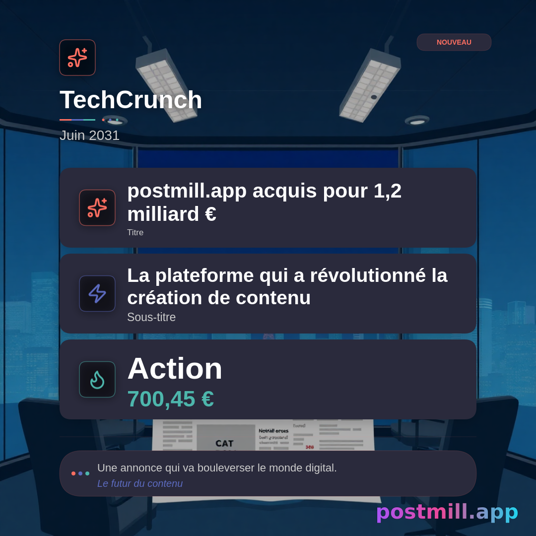 Future News Generator — fake TechCrunch-style headline from this seed:
I launched postmill.app.

Future dateline (e.g. June 2031), acquisition/IPO/headline amount, subhead, founder quote, stock ticker + price. Works for postmill.app acquired, became PM, cat CEO, India wins FIFA, etc.