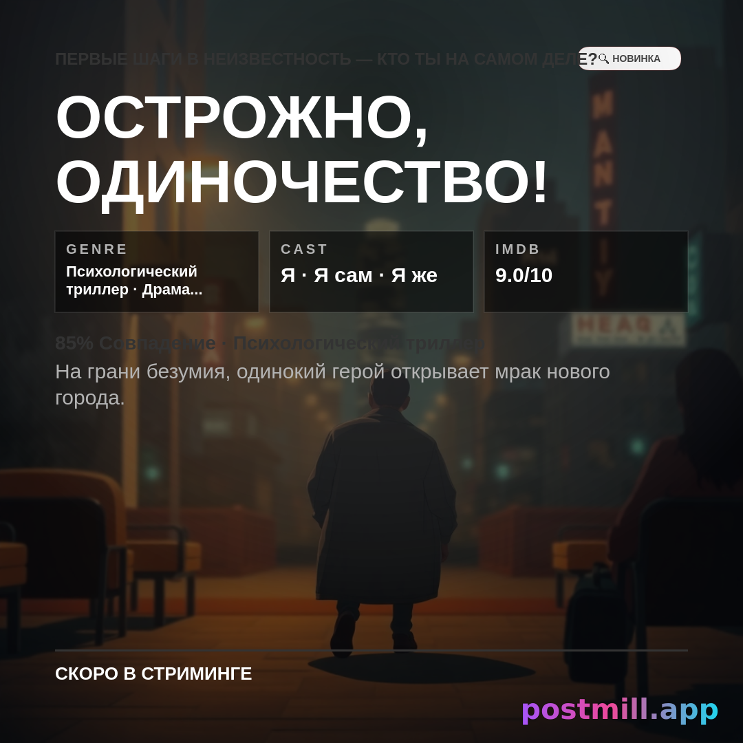 AI Memory Movie — turn THIS memory into a fictional streaming movie poster:
Psychological thriller about my first month alone in a new city

Output a movie poster only (title, tagline, genre, cast, IMDb rating)
