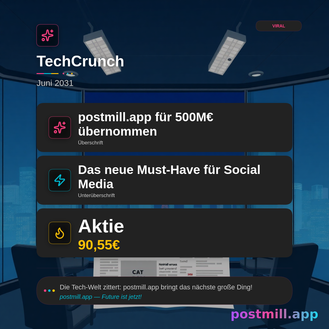 Future News Generator — fake TechCrunch-style headline from this seed:
I launched postmill.app.

Future dateline (e.g. June 2031), acquisition/IPO/headline amount, subhead, founder quote, stock ticker + price. Works for postmill.app acquired, became PM, cat CEO, India wins FIFA, etc.