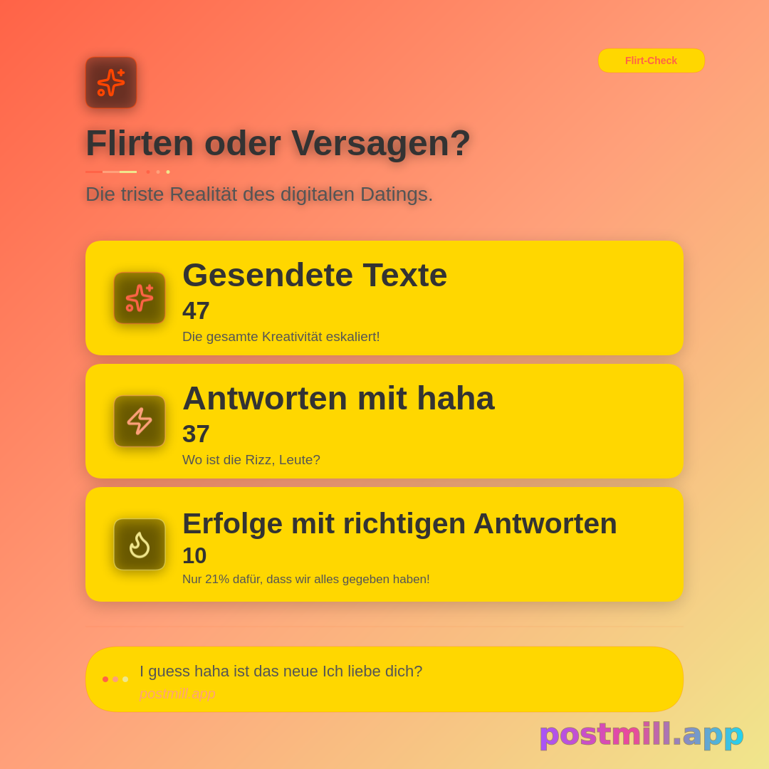Quartals-KPI: flirty Texts verschickt vs. Antworten die nur 'haha' waren