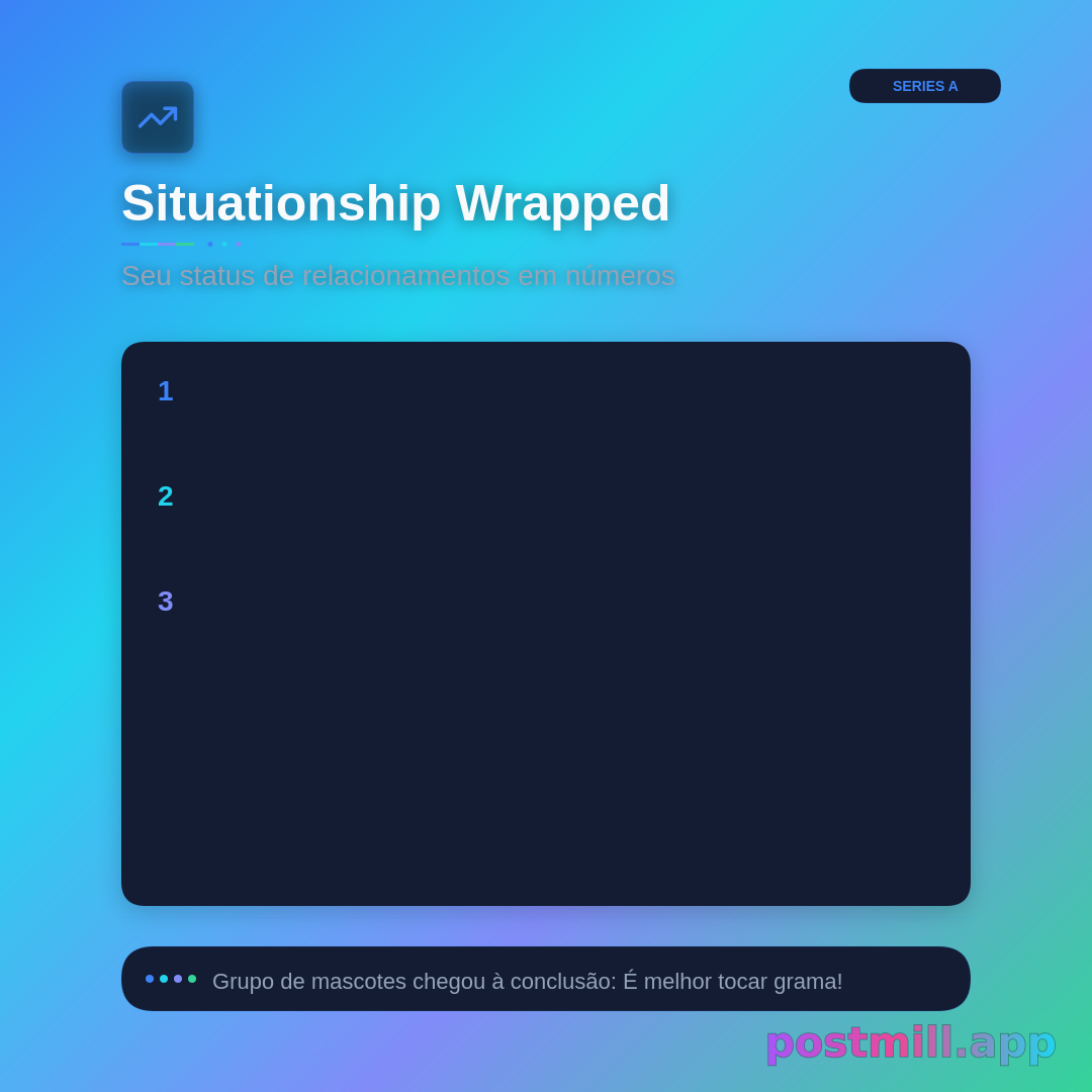 Situationship wrapped: three mascot characters roast your dating stats — left on read 847 times, mixed signals decoded 203, closure received 0. Funny character universe card.