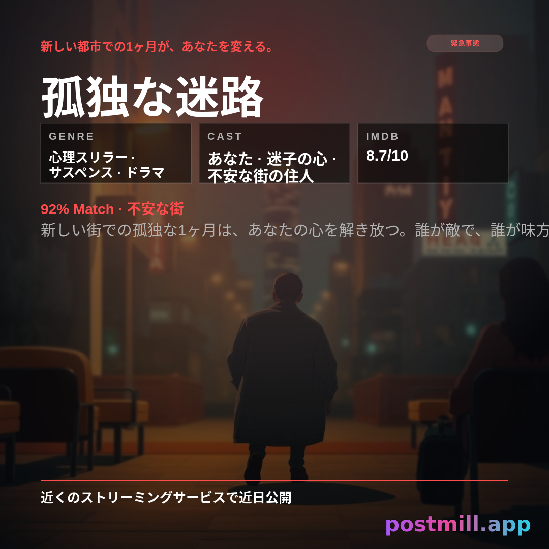 AI Memory Movie — turn THIS memory into a fictional streaming movie poster:
Psychological thriller about my first month alone in a new city

Output a movie poster only (title, tagline, genre, cast, IMDb rating)