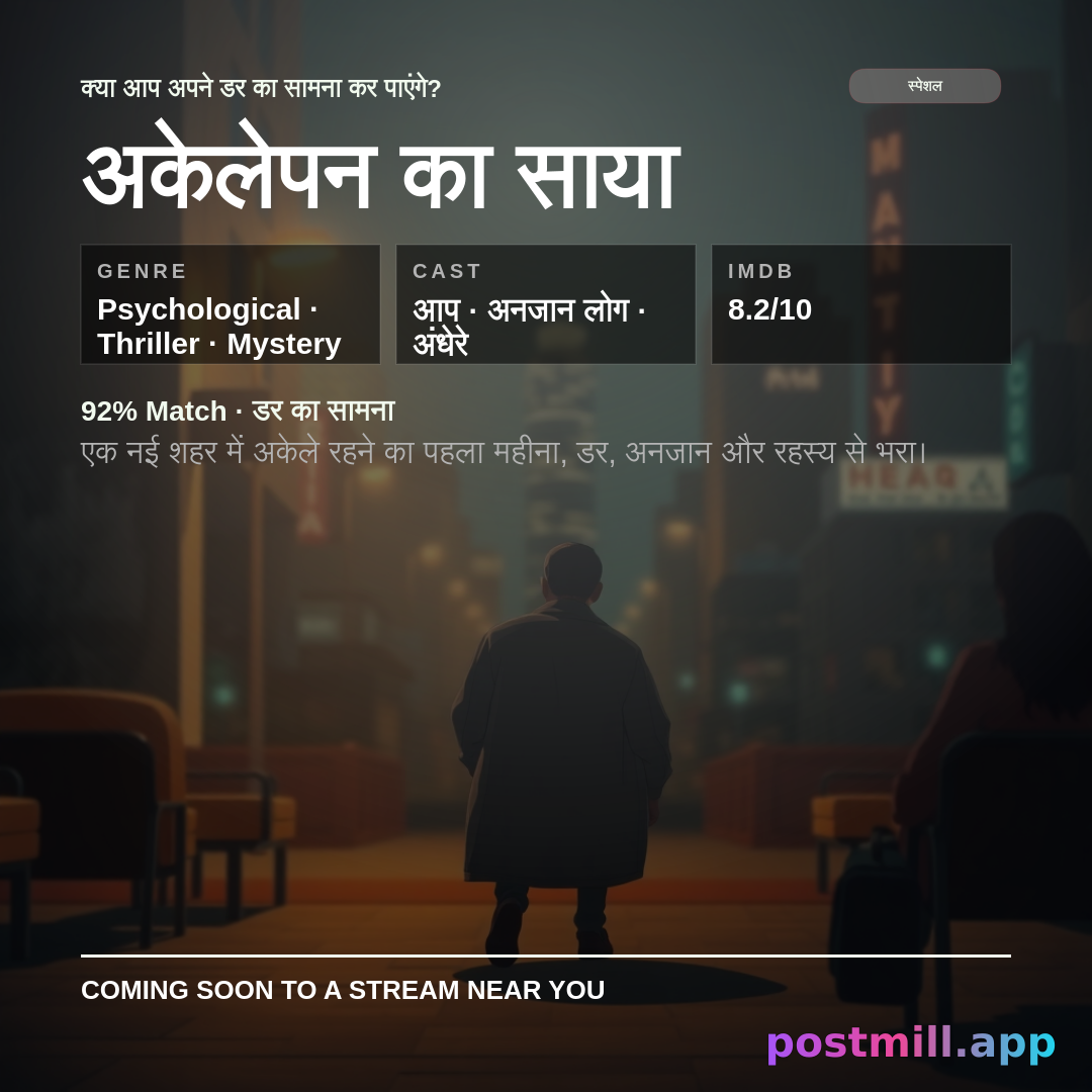 AI Memory Movie — turn THIS memory into a fictional streaming movie poster:
Psychological thriller about my first month alone in a new city

Output a movie poster only (title, tagline, genre, cast, IMDb rating)