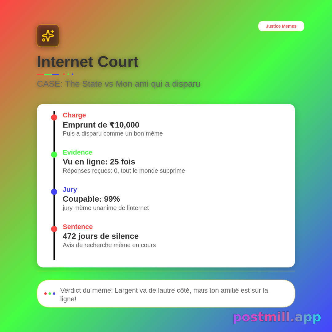 Internet Court — meme justice infographic from this dispute:
My friend borrowed ₹10000 and vanished.

Include case title (The State vs …), charge, evidence bullets (seen online, replies), Jury Vote Guilty %, Sentence, and Meme Verdict punchline. Parchment / courtroom meme energy.