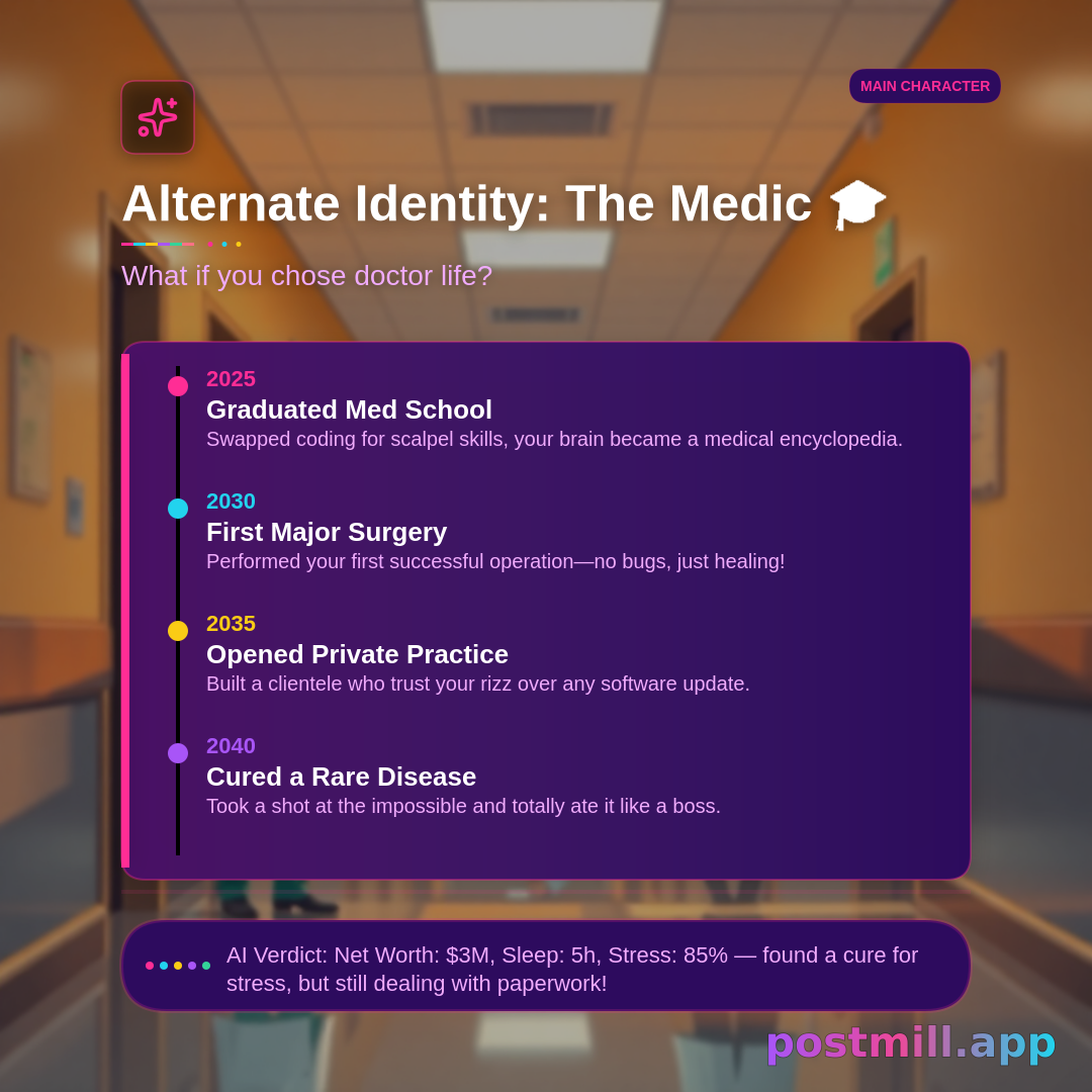 Alternate Reality Generator — what-if career/life path infographic:
What if I became a doctor instead of a software engineer?

Show alternate identity title, vertical timeline (4 milestones with years), Net Worth, Sleep, Stress %. End with AI Verdict — witty but empathetic.

CRITICAL: Use ONLY facts, names, numbers, and scenarios from the user input above. Do NOT substitute demo/sample content (generic founders, Vikas, postmill.app, homework plots, etc.) unless the user explicitly mentioned them.