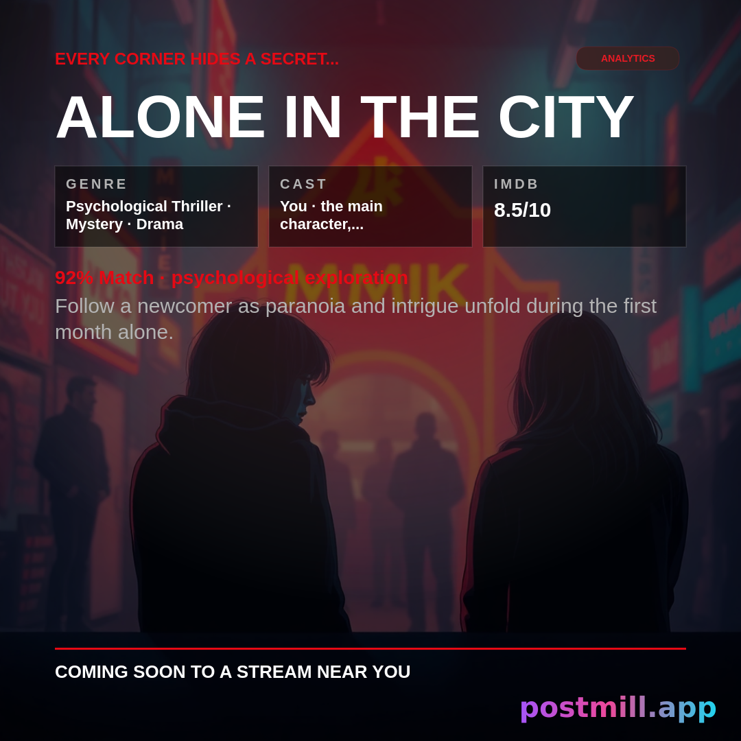 AI Memory Movie — turn THIS memory into a fictional streaming movie poster:
Psychological thriller about my first month alone in a new city

Output a movie poster only (title, tagline, genre, cast, IMDb rating)