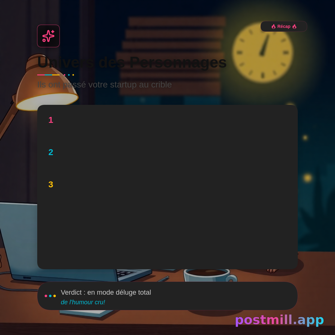 Character Universe — three mascot characters roast this topic:
Review my startup.

Startup Cat (revenue/decks/customers stats), AI Goblin (one-liner roast), Corporate Hamster (meetings/corporate pain). Each character gets a name, emoji vibe, and punchline.
