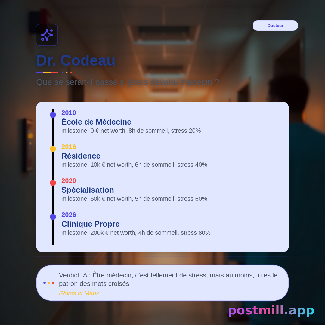Alternate Reality Generator — what-if career/life path infographic:
What if I became a doctor instead of a software engineer?

Show alternate identity title, vertical timeline (4 milestones with years), Net Worth, Sleep, Stress %. End with AI Verdict — witty but empathetic.
