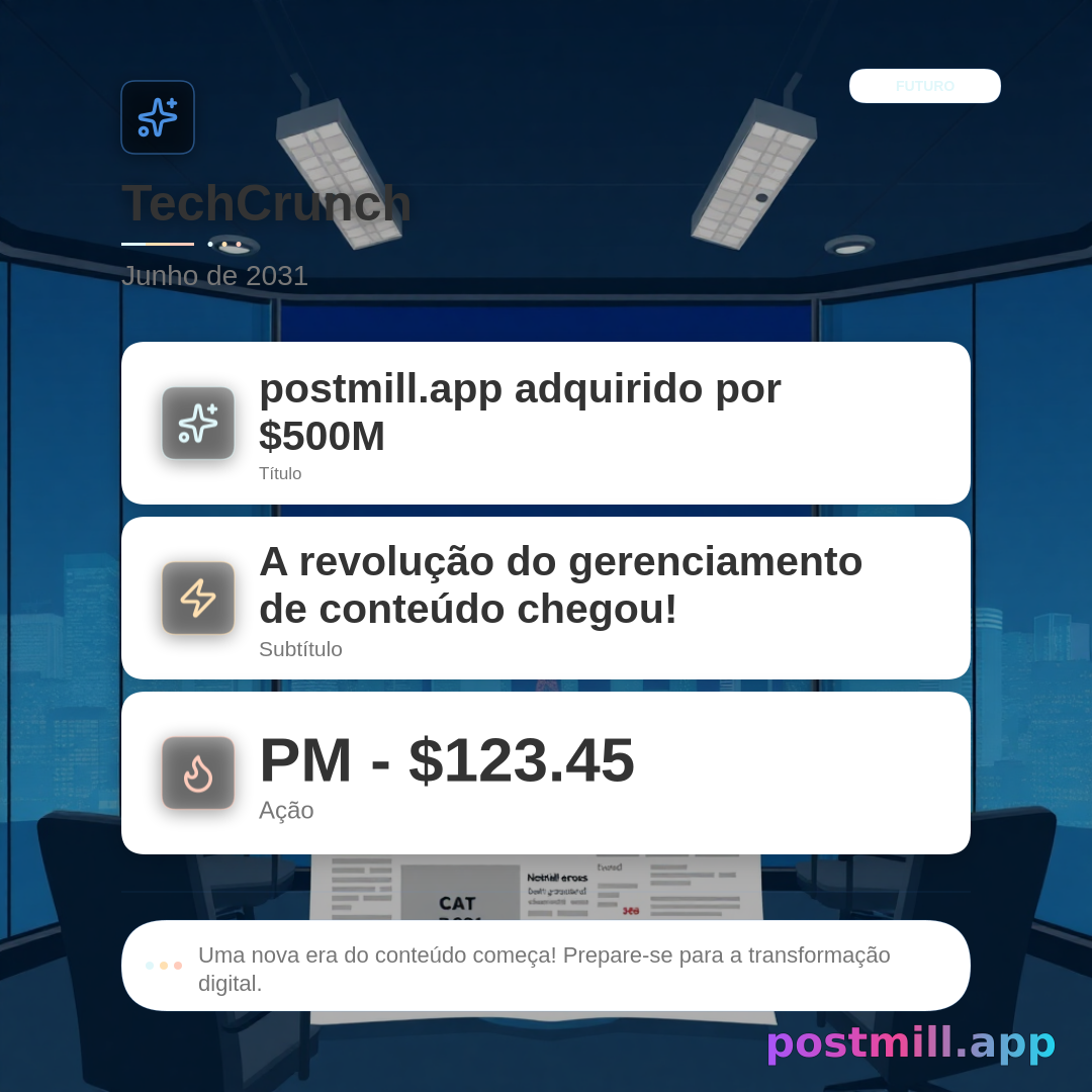 Future News Generator — fake TechCrunch-style headline from this seed:
I launched postmill.app.

Future dateline (e.g. June 2031), acquisition/IPO/headline amount, subhead, founder quote, stock ticker + price. Works for postmill.app acquired, became PM, cat CEO, India wins FIFA, etc.