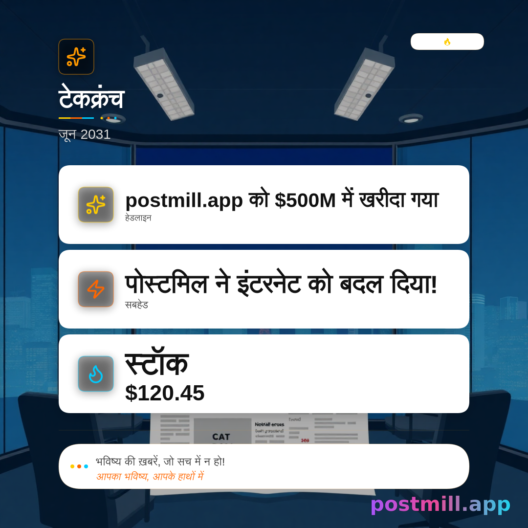 Future News Generator — fake TechCrunch-style headline from this seed:
I launched postmill.app.

Future dateline (e.g. June 2031), acquisition/IPO/headline amount, subhead, founder quote, stock ticker + price. Works for postmill.app acquired, became PM, cat CEO, India wins FIFA, etc.
