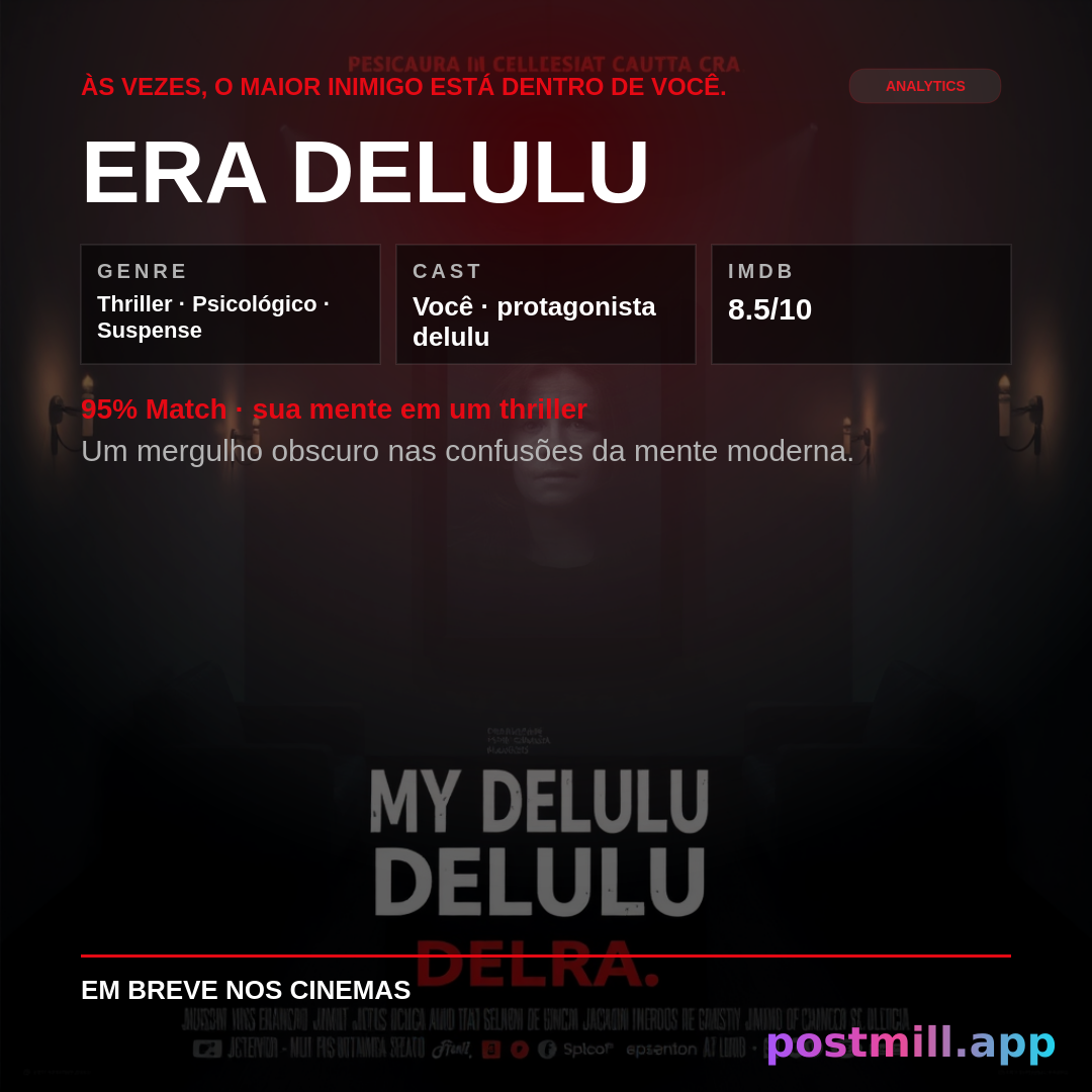 Cinematic movie poster: psychological thriller about my delulu era — title, genre, cast, rating, dramatic tagline