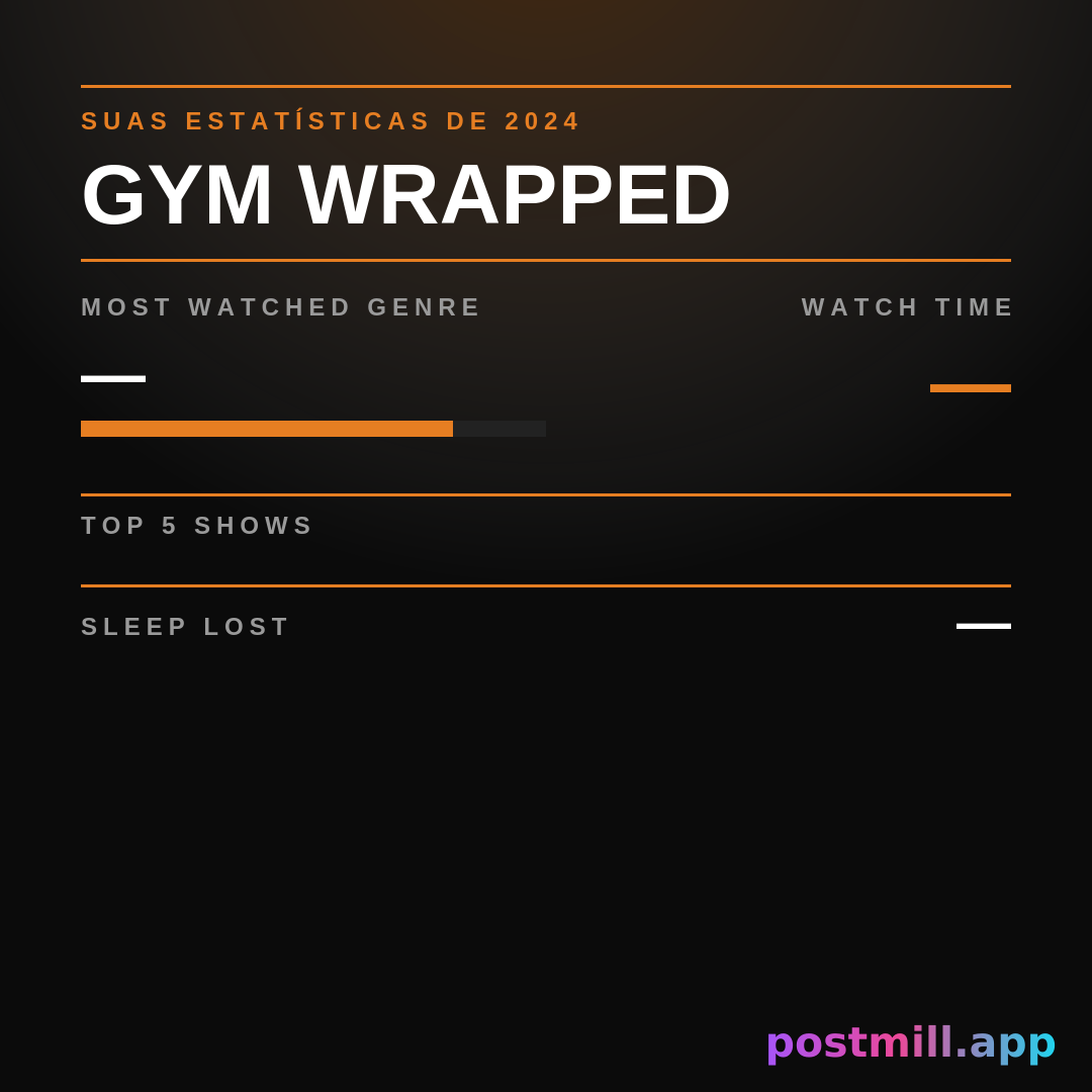 Gym Wrapped

Stats (use these exact labels and values):
Membership Renewals: 4
Actual Visits: 11
Protein Scoops: 387
Progress Photos: 62

Insight (closing line): Your wallet worked out harder than you did.