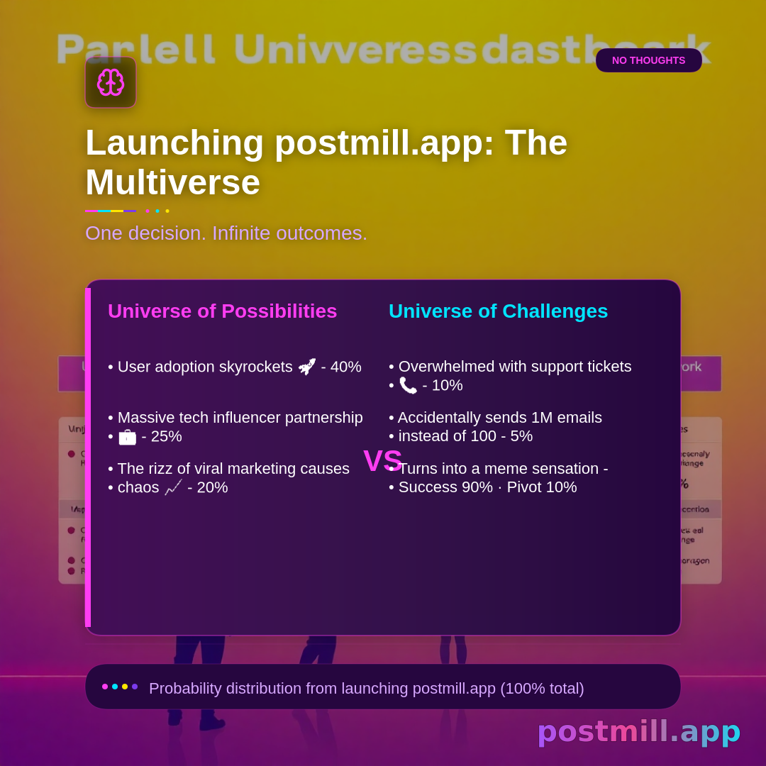 Parallel Universe Dashboard — branching outcomes infographic:
I launched postmill.app.

Show 4–5 universe branches with labels and one-line outcomes that fit THIS decision (career, relationship, hobby, sports, etc. — not only startups). Include probability distribution percentages that sum to ~100%. Branch names must reflect the user's domain.

CRITICAL: Use ONLY facts, names, numbers, and scenarios from the user input above. Do NOT substitute demo/sample content (generic founders, Vikas, postmill.app, homework plots, etc.) unless the user explicitly mentioned them.