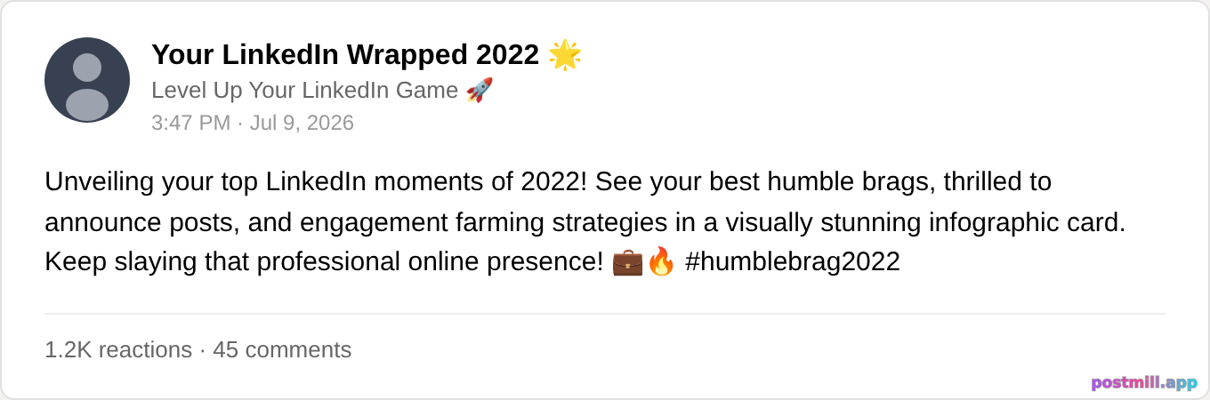LinkedIn wrapped: humble brags, thrilled to announce posts, and engagement farming — infographic card