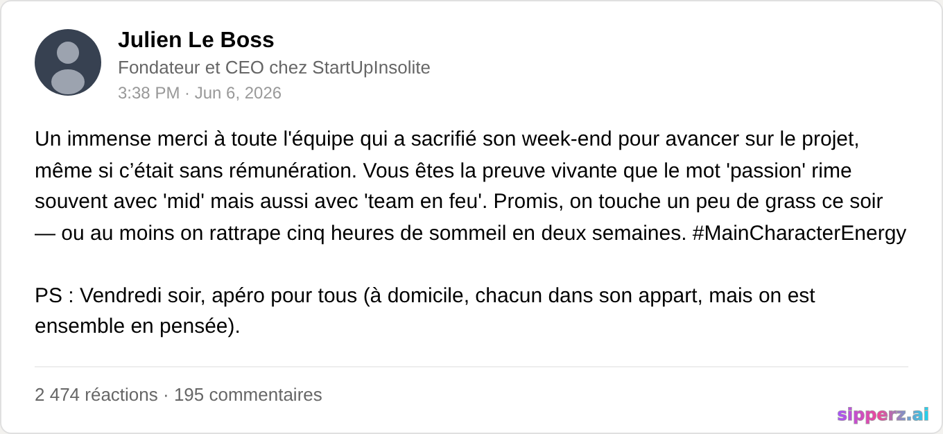 fondateur remercie l'équipe pour le week-end non payé
