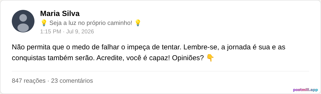 post motivacional que termina com 'Opiniões? 👇'