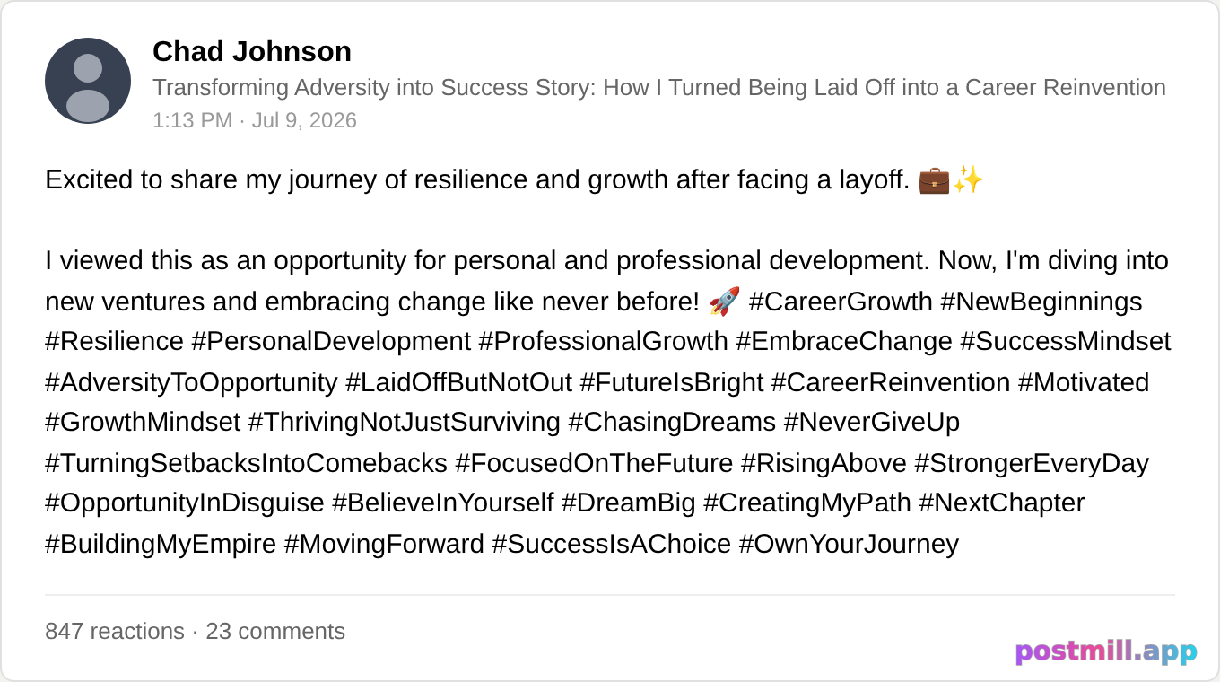 turning getting laid off into a 'growth opportunity' with 30 hashtags