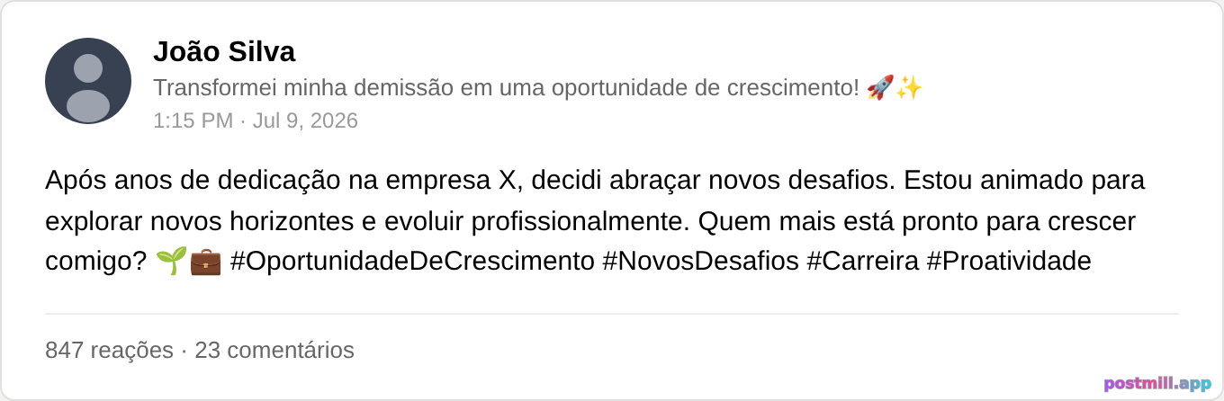 vender demissão como 'oportunidade de crescimento' com 30 hashtags