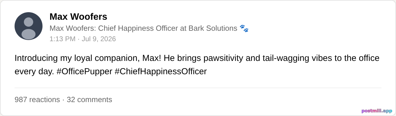 guy proudly introducing his dog as his 'Chief Happiness Officer'
