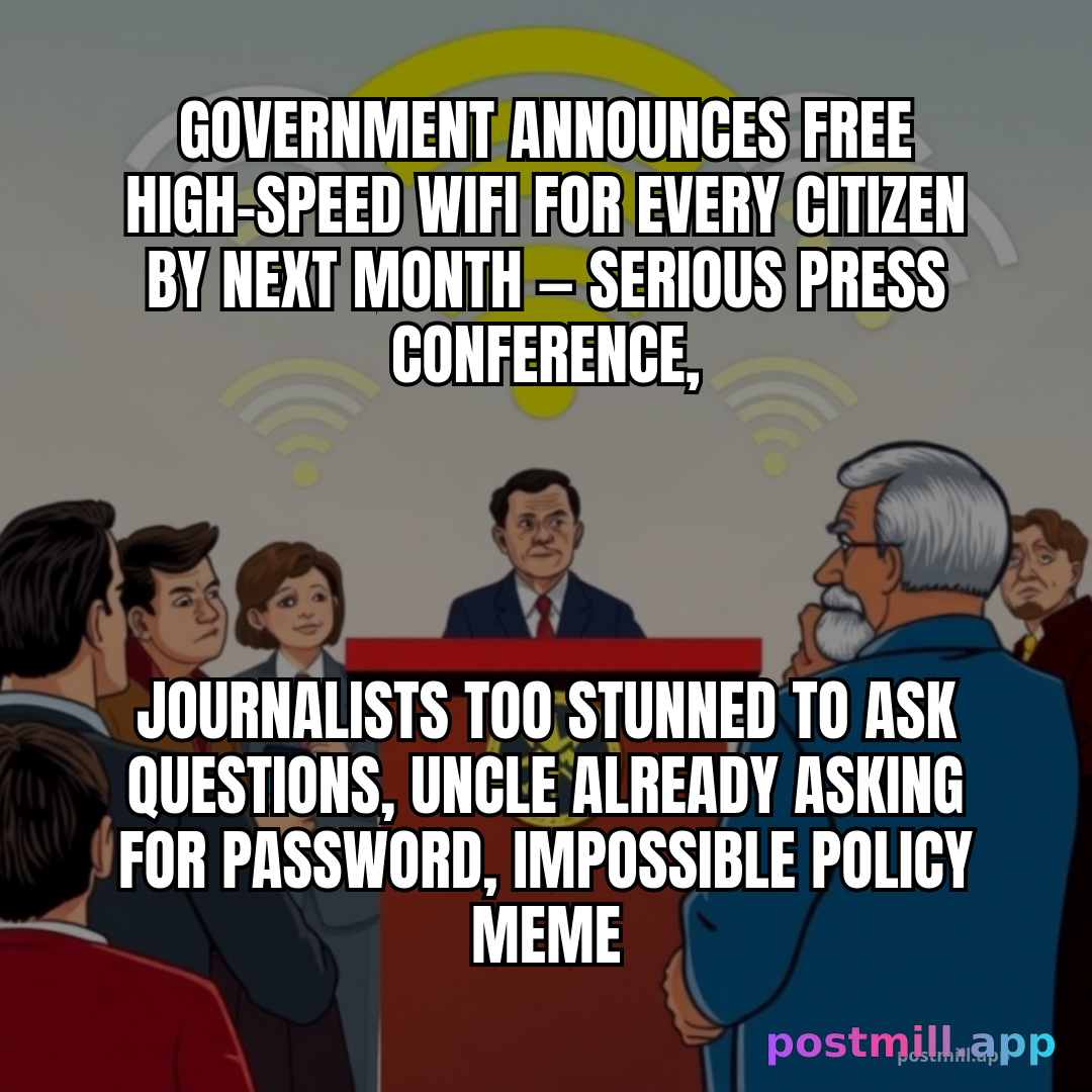Government announces free high-speed WiFi for every citizen by next month — serious press conference, journalists too stunned to ask questions, uncle already asking for password, impossible policy meme