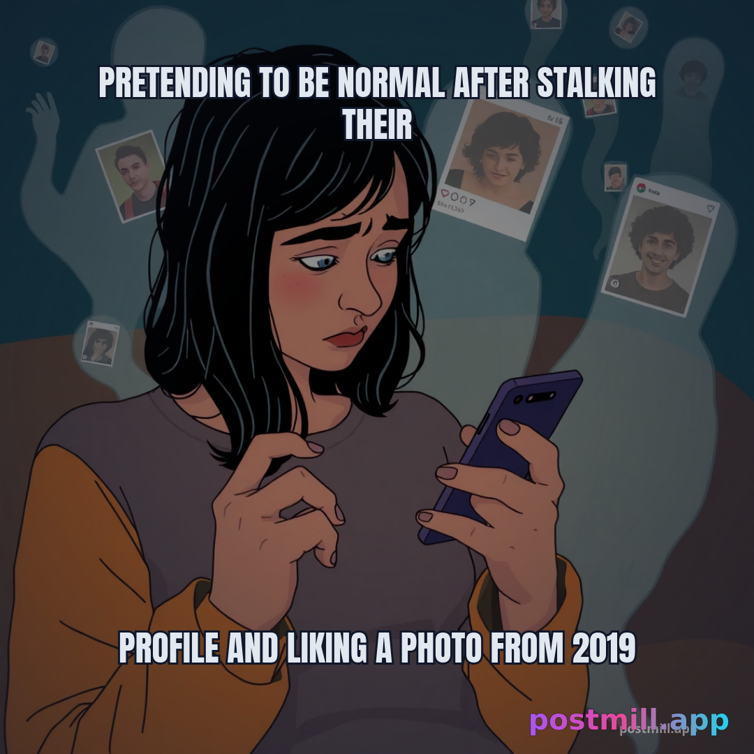 pretending to be normal after stalking their profile and liking a photo from 2019