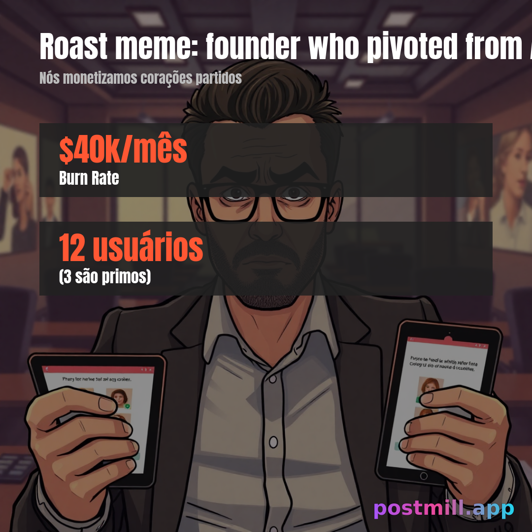 Roast meme: founder who pivoted from AI dating app to AI breakup app in the same week. Tagline energy: "We monetize heartbreak." Burn rate: $40k/month. Users: 12 (3 are cousins). Funny, unhinged, screenshot-worthy startup brainrot card.