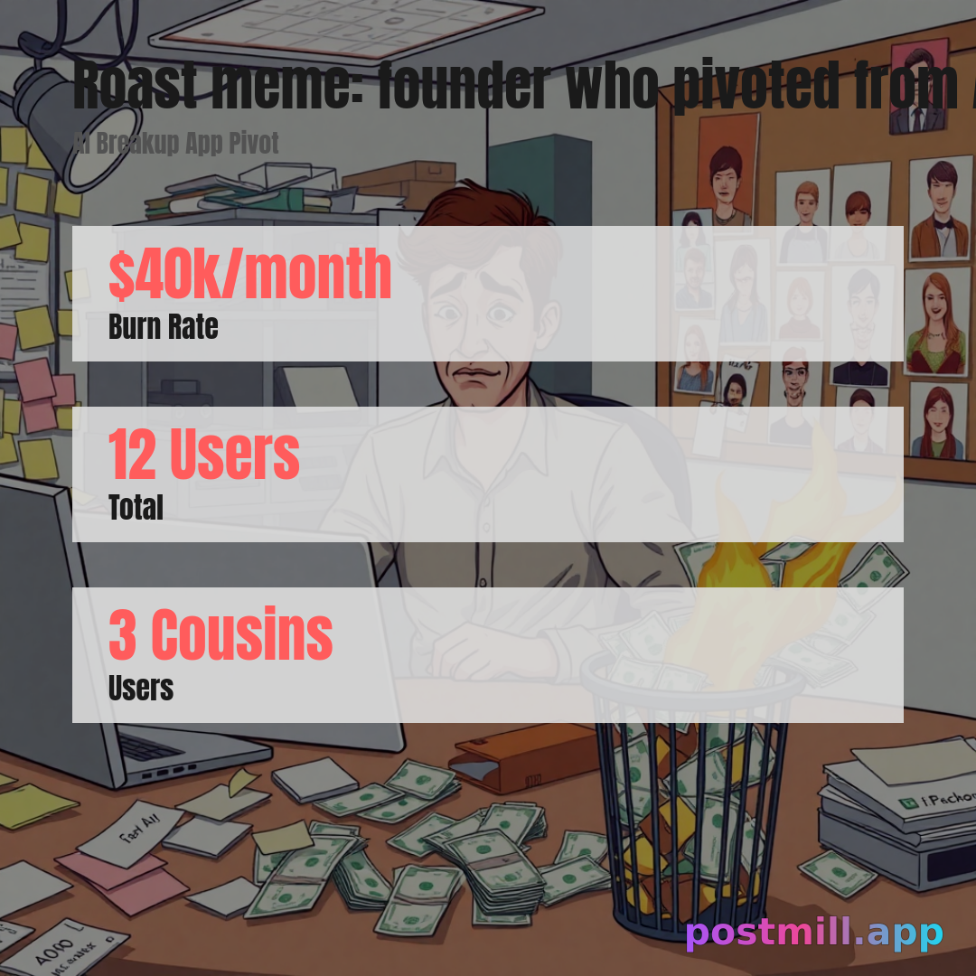 Roast meme: founder who pivoted from AI dating app to AI breakup app in the same week. Tagline energy: "We monetize heartbreak." Burn rate: $40k/month. Users: 12 (3 are cousins). Funny, unhinged, screenshot-worthy startup brainrot card.