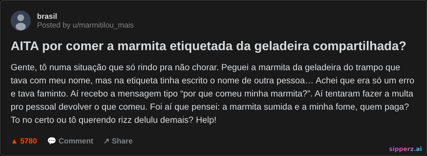 AITA por comer o marmita etiquetada da geladeira compartilhada