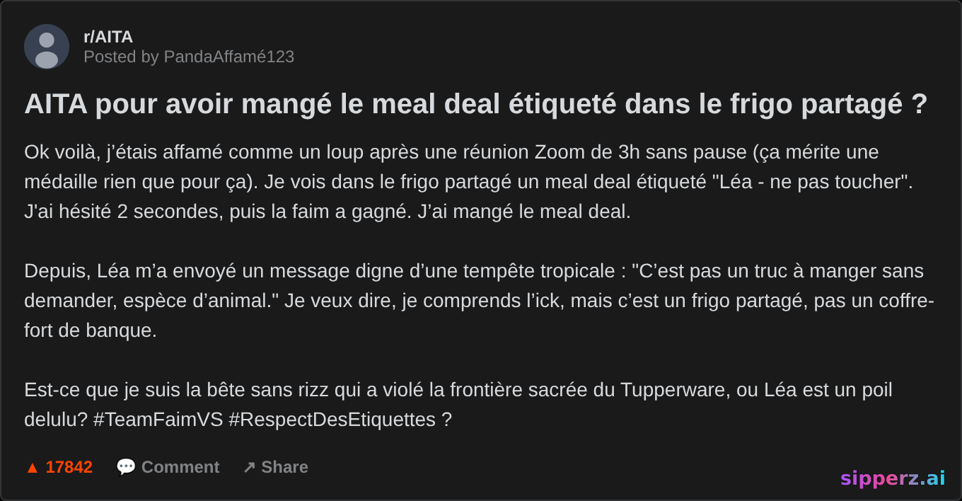 AITA pour avoir mangé le meal deal étiqueté du frigo partagé