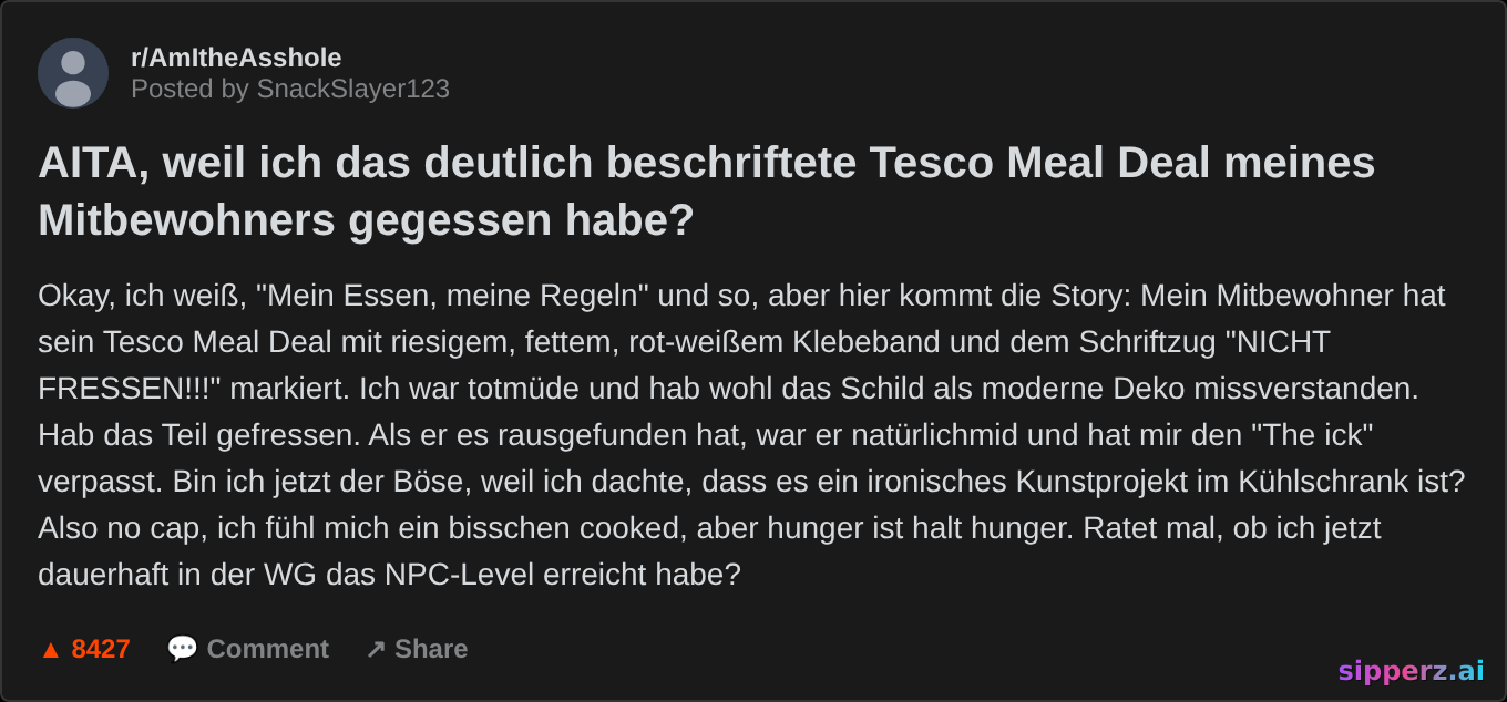 AITA for eating my flatmate's clearly labeled Tesco meal deal