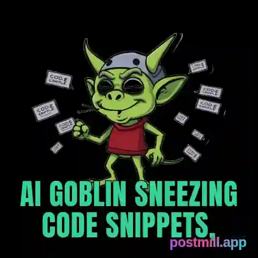 AI goblin sneezing code snippets, animated sticker, JS files flying out, transparent WebP