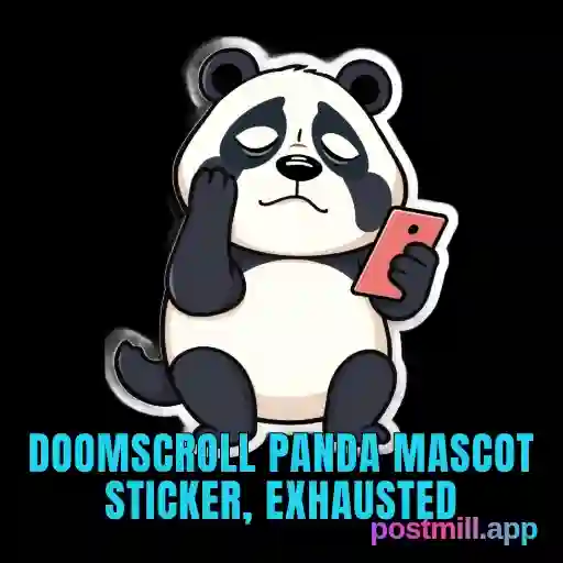 Doomscroll Panda mascot sticker, exhausted panda scrolling phone at 3am, transparent background, relatable