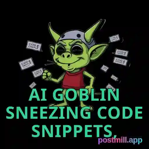 AI goblin sneezing code snippets, animated sticker, JS files flying out, transparent WebP