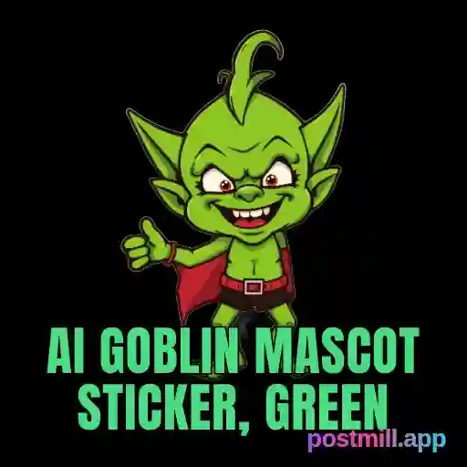 AI Goblin mascot sticker, green goblin confidently hallucinating, code snippets floating, transparent background, chaotic cute