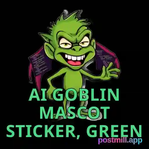 AI Goblin mascot sticker, green goblin confidently hallucinating, code snippets floating, transparent background, chaotic cute