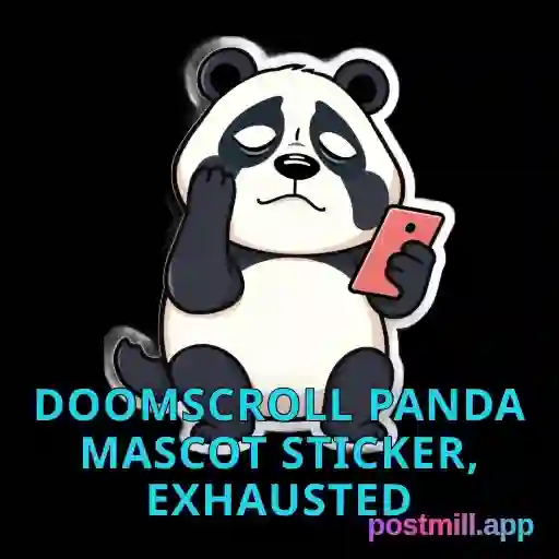 Doomscroll Panda mascot sticker, exhausted panda scrolling phone at 3am, transparent background, relatable