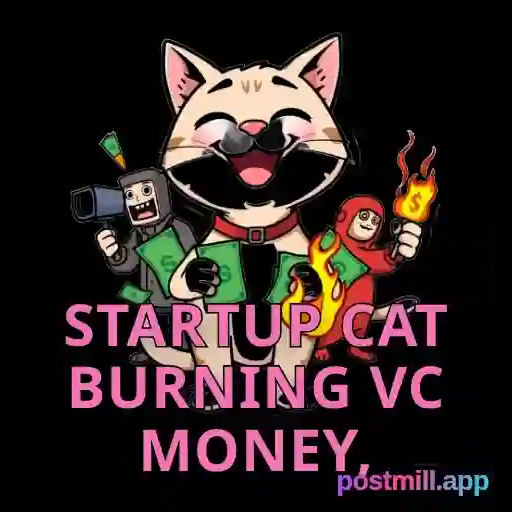 startup cat burning VC money, money catches fire, cat smiles, animated sticker, transparent WebP
